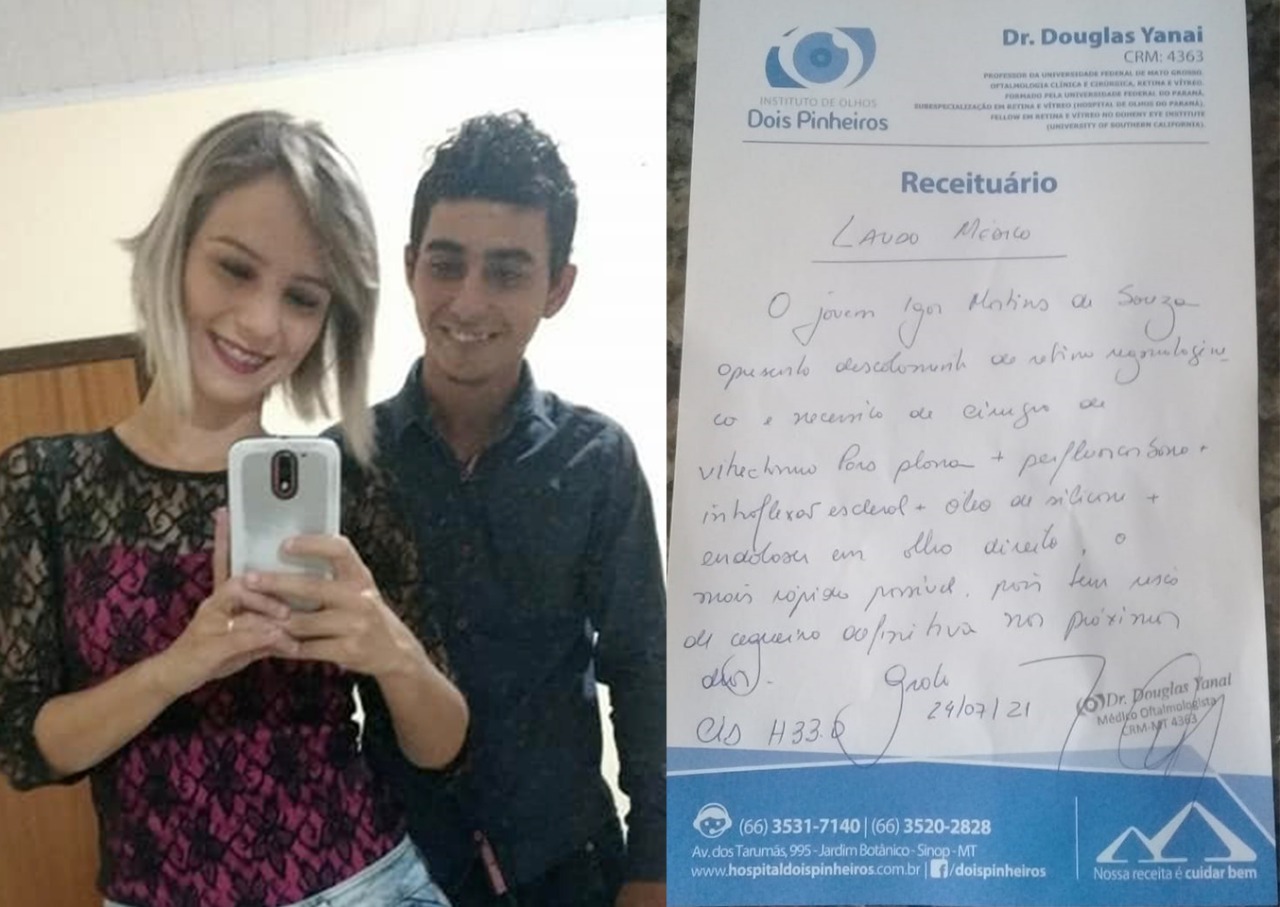 Repórter de Amambai faz campanha para cirurgia nos olhos de sobrinho Patrícia e seu sobrinho Igor. Ao lado, consta o laudo que indica a cirurgia que ele precisa fazer com o pedido de “mais rápido possível”