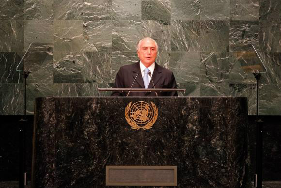 Temer diz na ONU que impeachment respeitou ordem constitucional O presidente Michel Temer faz discurso de abertura da Assembleia Geral das Nações Unidas Beto Barata/PR