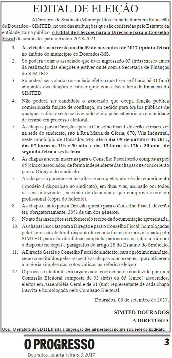 Simted realiza eleições no próximo dia 09 de novembro
