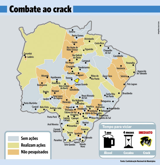 Segundo o mapa, Amambai é um dos municípios que realizam ações para combater o vício ao crack.