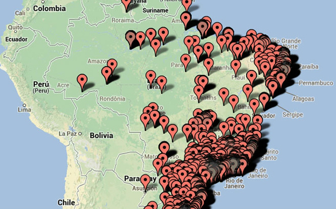 O grupo também distribuiu os tweets pelo país em um mapa. Somente 10% do total, no entanto, contém informações sobre a localização dos usuários. Malini chama a atenção para o fato de que o mapa de tweets tem uma configuração muito semelhante ao mapa do acesso à banda larga no país, criado pelo Comitê Gestor da Internet no Brasil (CGI.br).