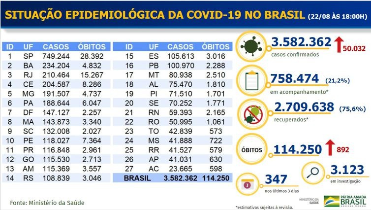 Brasil chega a 3,58 milhões de casos e 114,25 mil mortes por Covid-19