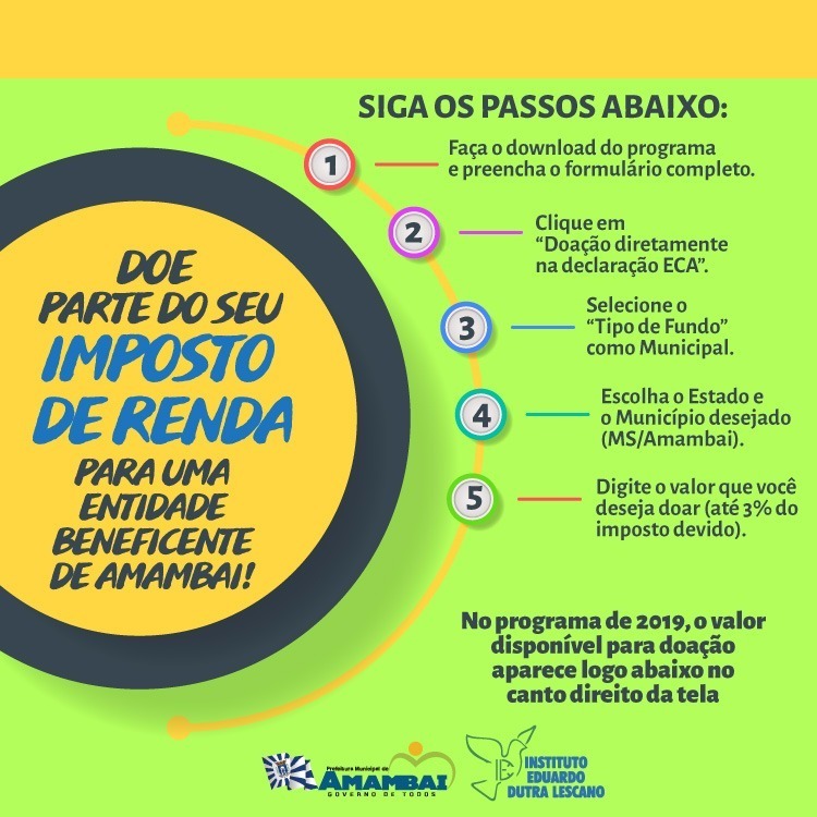 Contribuintes podem ajudar entidades amambaienses com Imposto de Renda Contribuintes podem ajudar entidades amambaienses com Imposto de Renda