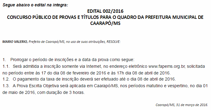 Prefeitura de Caarapó e Fapems prorrogam inscrições de concurso público