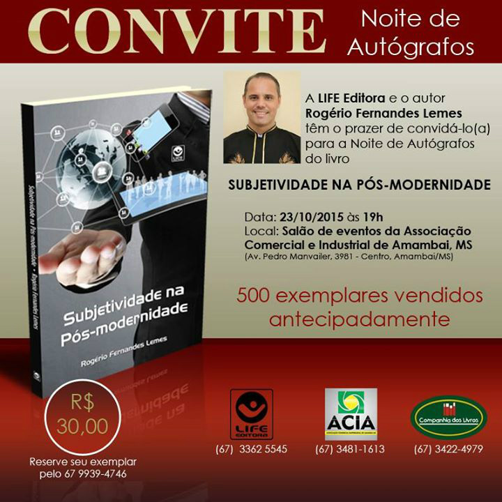 Lançamento do livro Subjetividade na Pós-modernidade, de Rogério Fernandes Lemes