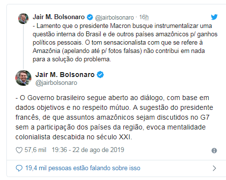 Países usam incêndios para tentar prejudicar o Brasil, diz Bolsonaro Países usam incêndios para tentar prejudicar o Brasil, diz Bolsonaro