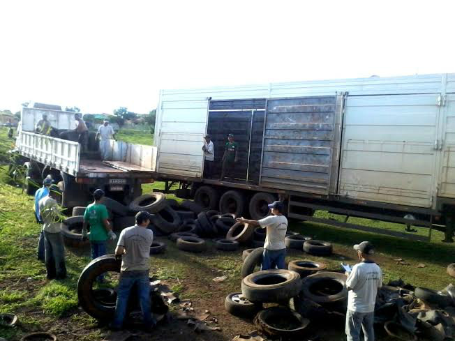 Em Amambai, pneus inutilizáveis foram recolhidos por comitê de combate à dengue Pneus inutilizáveis coletados em todo o perímetro do Município serão enviados para a reciclagem (Foto: Decom)
