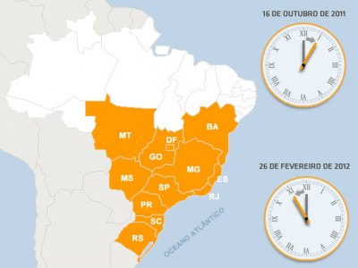 Horário de verão termina neste domingo; atrase seu relógio Estados com horário de verãoQuando começa: 16 de outubro de 2011Estados em laranja devem adiantar o relógio em 1 hora.Quando acaba: 26 de fevereiro de 2012Estados em laranja devem atrasar o relógio em 1 hora.Foto: Arte/Terra