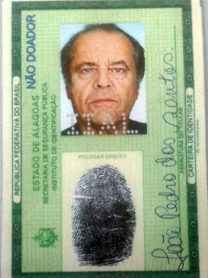 RG falso com foto de Jack Nicholson(Foto: Divulgação/Polícia Civil)