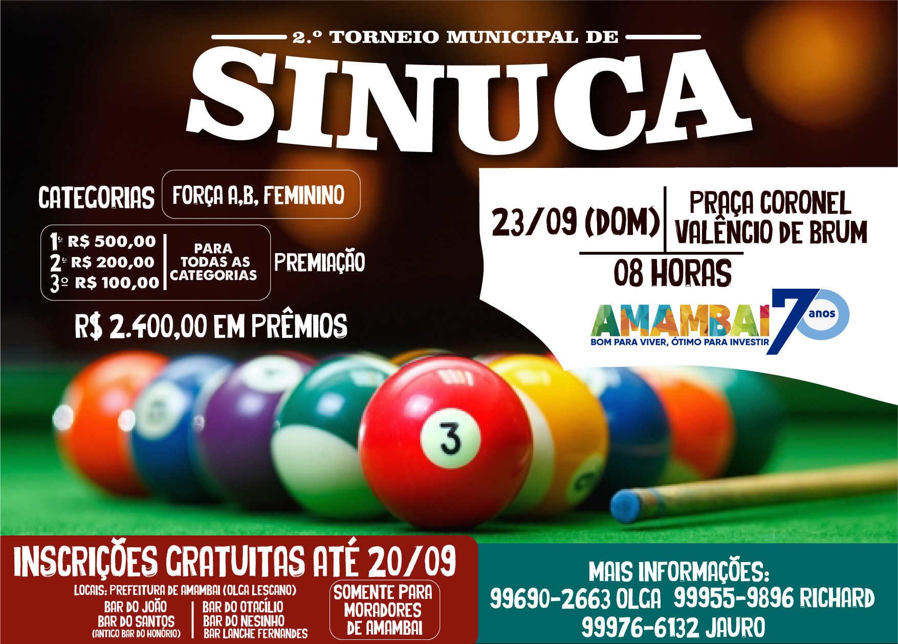 2° Torneio Municipal de Sinuca acontece nesse domingo em Amambai