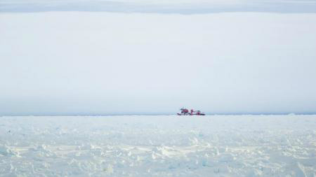 Navio quebra-gelo chinês Dragão da Neve é visto ancorado no gelo do leste da Antártida. 