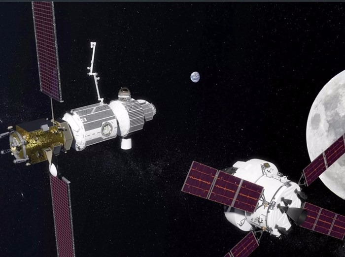 Portal Deep Space Gateway, à esquerda, e a Deep Space Transport, que deve ser construída perto da LuaFoto: Divulgação 