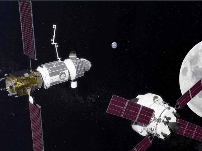Lua será “pit stop” em viagem para o projeto Marte 2033 Portal Deep Space Gateway, à esquerda, e a Deep Space Transport, que deve ser construída perto da LuaFoto: Divulgação