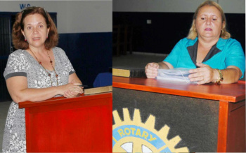Rotary de Amambai promove reflexão sobre temas da atualidade A professora e coordenadora do curso de Ciências Sociais da UEMS de Amambai, Célia Foster Silvestre (E), e a escrivã de polícia civil, Leda Teresa Andrade Silva.