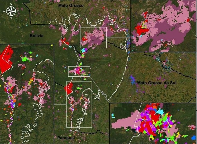 Partes coloridas são áreas já queimadas no Pantanal.
