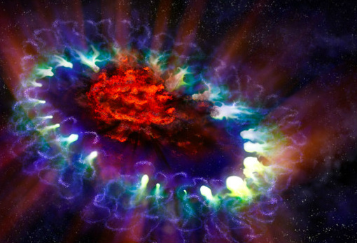 Uma enorme quantidade de poeira (vermelho) foi detectada no centro da supernova