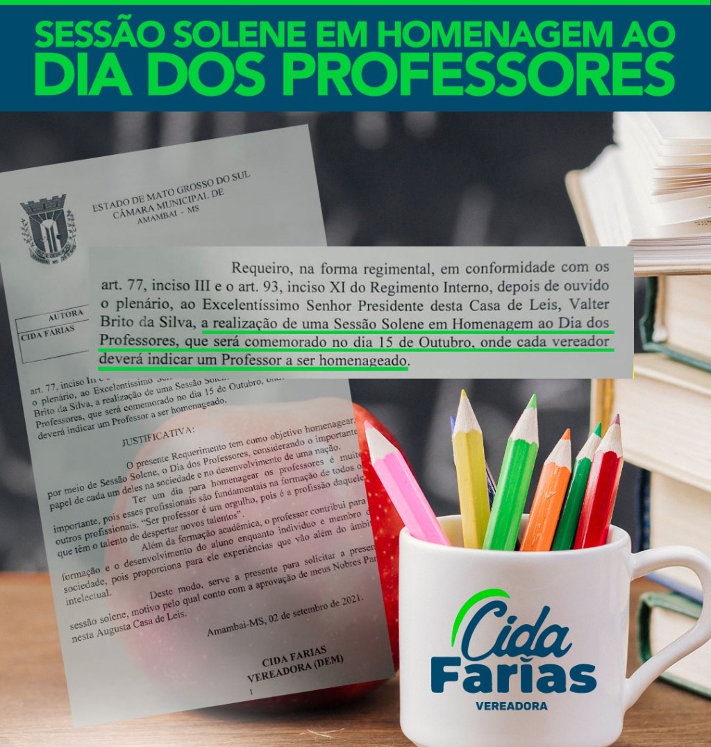 Cida Farias solicita sessão solene de homenagem ao Dia do Professor Foto: Assessoria
