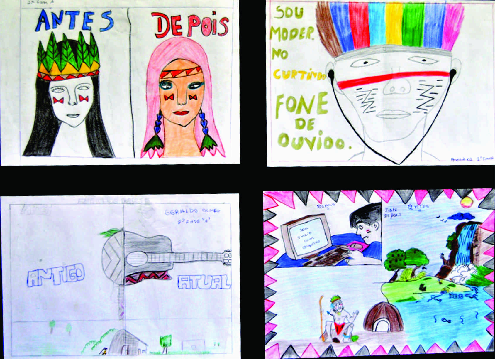 Desenho de aluno comparando costumes de gerações passadas com a atualidade. Foto: Moreira Produções
