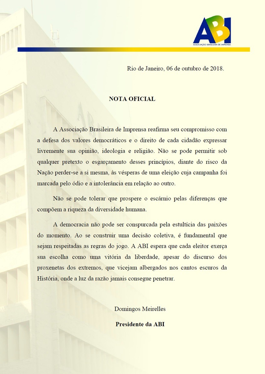 Associação Brasileira de Imprensa emite nota sobre as eleições