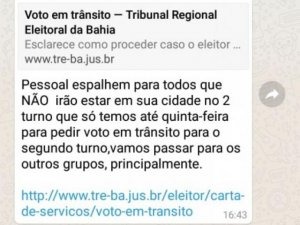 É fake! Eleitores não poderão solicitar voto em trânsito para o 2º turno Mensagem sobre voto em trânsito em grupo de WhatsApp.