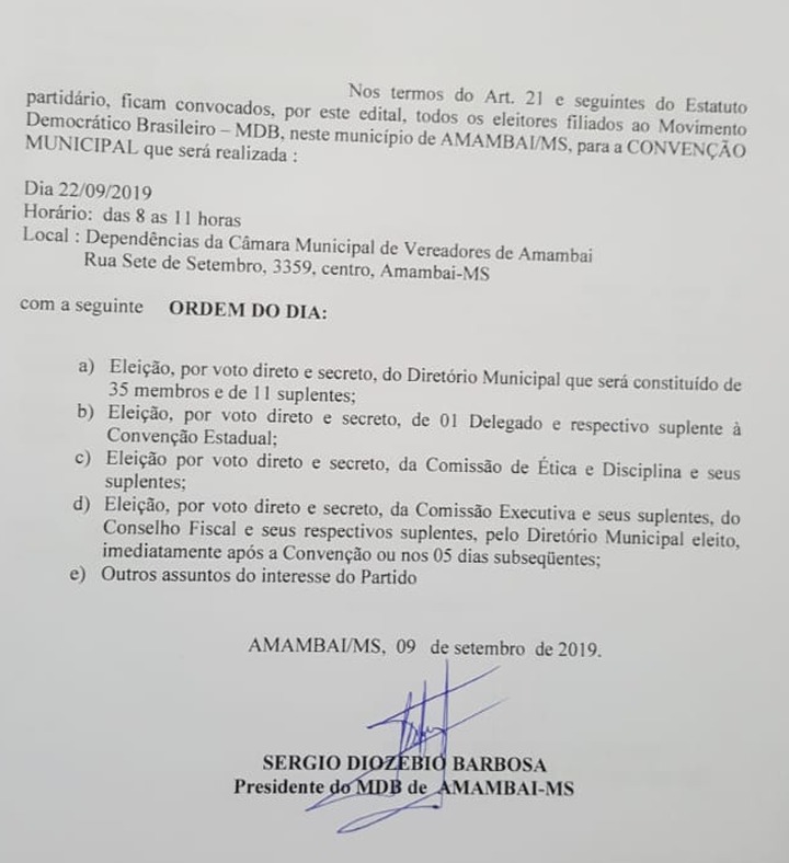 MDB de Amambai realiza convenção neste domingo (22) MDB de Amambai realiza convenção neste domingo (22)