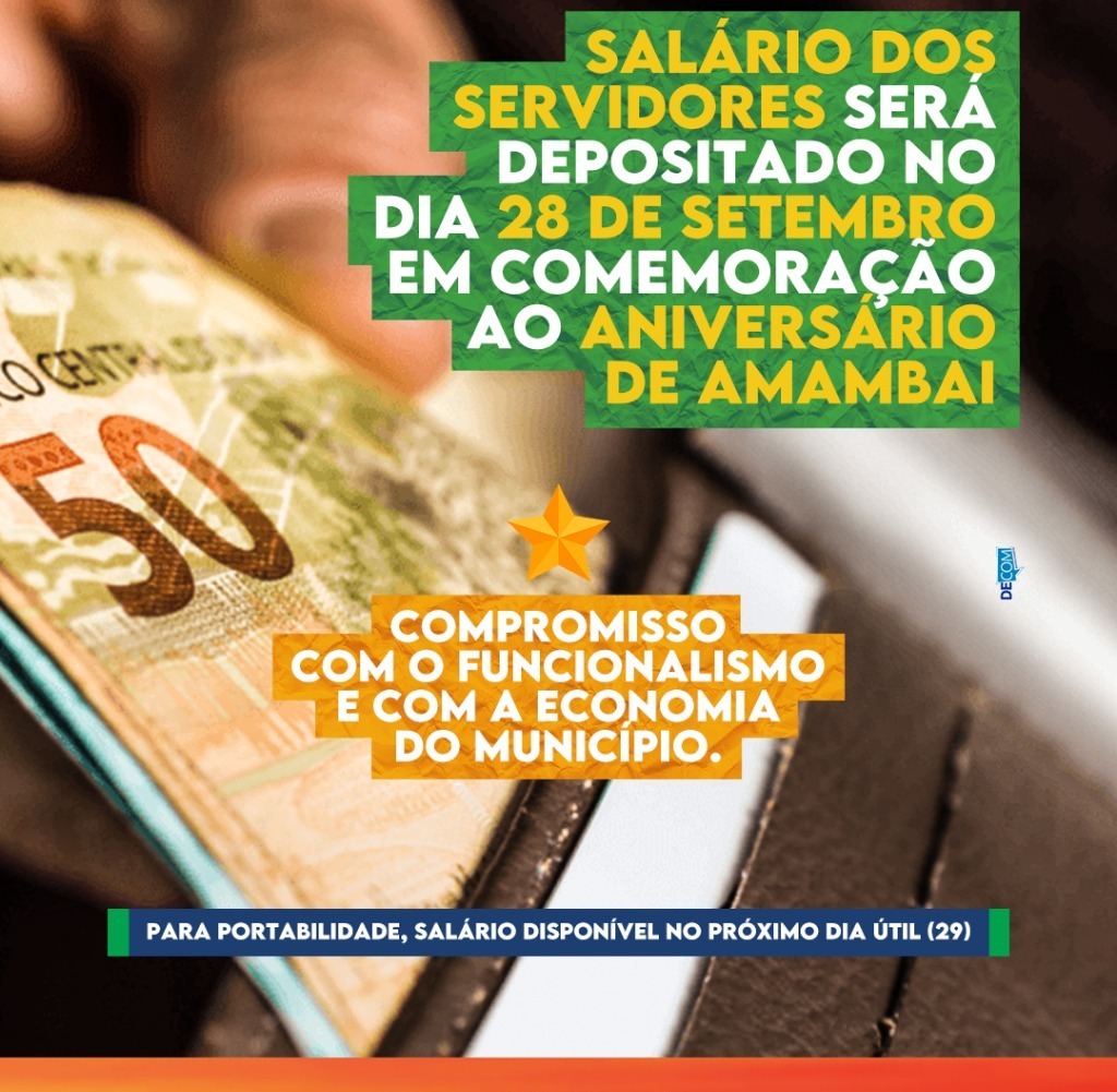 Pagamento do salário dos servidores será depositado no dia 28 de setembro Pagamento do salário dos servidores será depositado no dia 28 de setembro