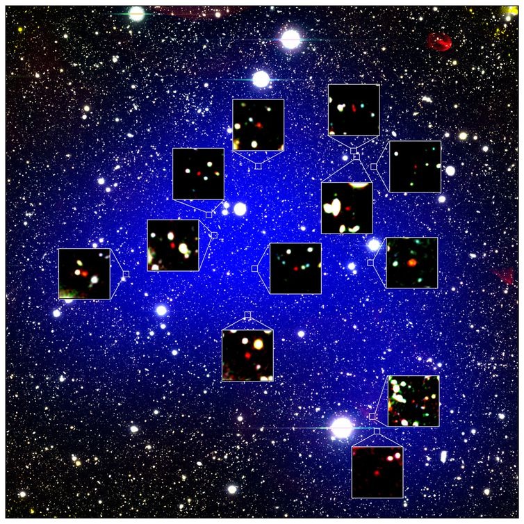 Descoberto protoaglomerado de galáxias mais distante do universo Imagem do protoaglomerado z66OD - NAOJ/Harikane et al