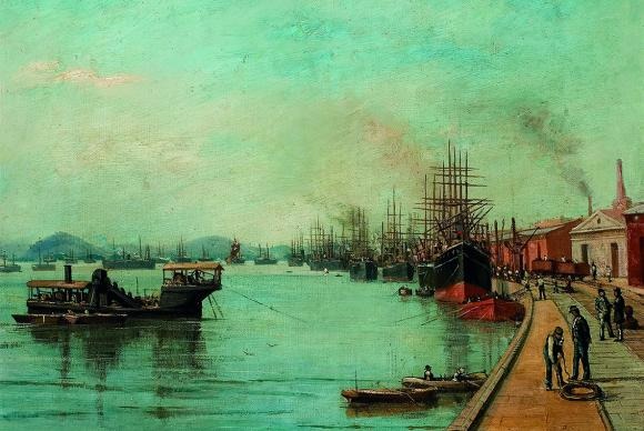 Exposição com mais de 750 obras retrata momentos históricos do Brasil Porto de Santos, obra de Benedito Calixto (1890) - Sergio Guerini/Divulgação Itaú Cultural