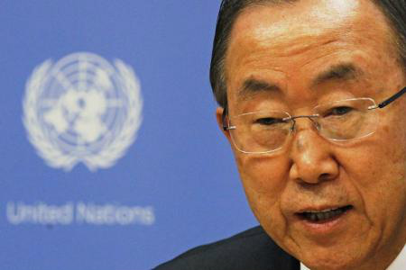 O secretário-geral da Organização das Nações Unidas, Ban Ki-moon, durante entrevista coletiva na sede da organização em Nova York, nos Estados Unidos, em setembro. 19/09/2013 
