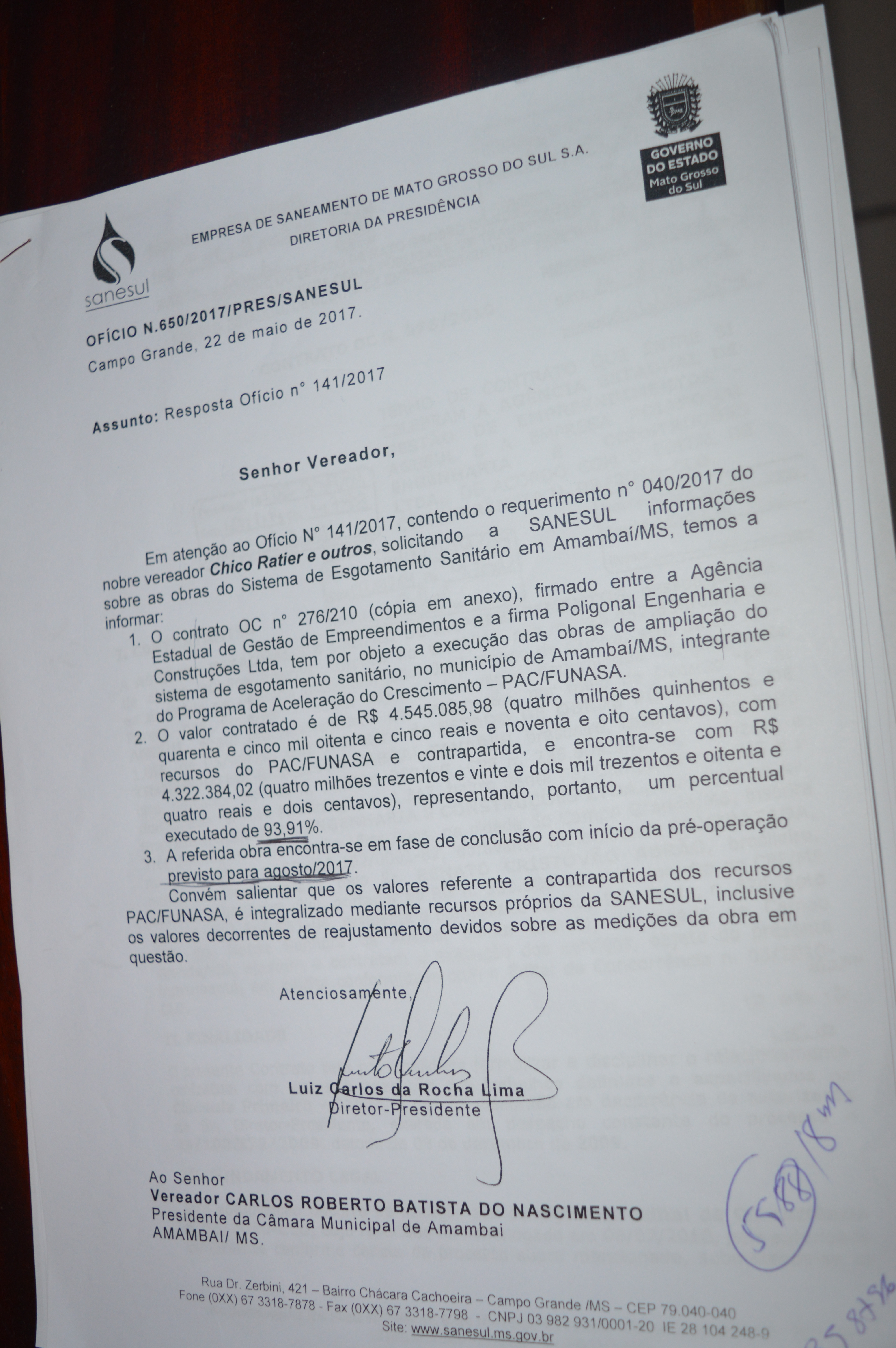 Ofício enviado pelo diretor-presidente da Sanesul ao vereador Chico Ratier / Foto: Moreira Produções