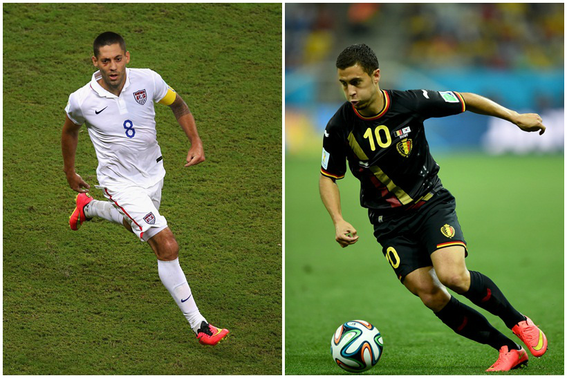Dempsey (E) e Hazard (D) são as principais atrações de Estados Unidos e Bélgica na partida desta terça-feira, na Fonte Nova