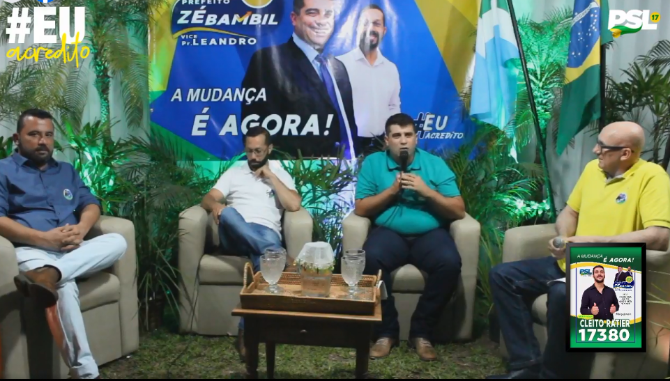Em live, Zé Bambil garante mais investimentos para juventude, caso seja eleito A live foi apresentada pelo empresário Teixeira Escobar e contou com a presença do presidente da sigla em Amambai, Bruno Oliveira e dos candidatos a prefeito e vice-prefeito de Amambai, Zé Bambil e Pastor Leandro, respectivamente. / Foto: Reprodução