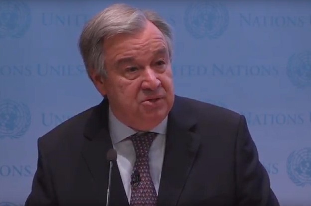 Secretário-geral da ONU, António Guterres, discursa na NYU Stern School of Business. Foto: Reprodução vídeo