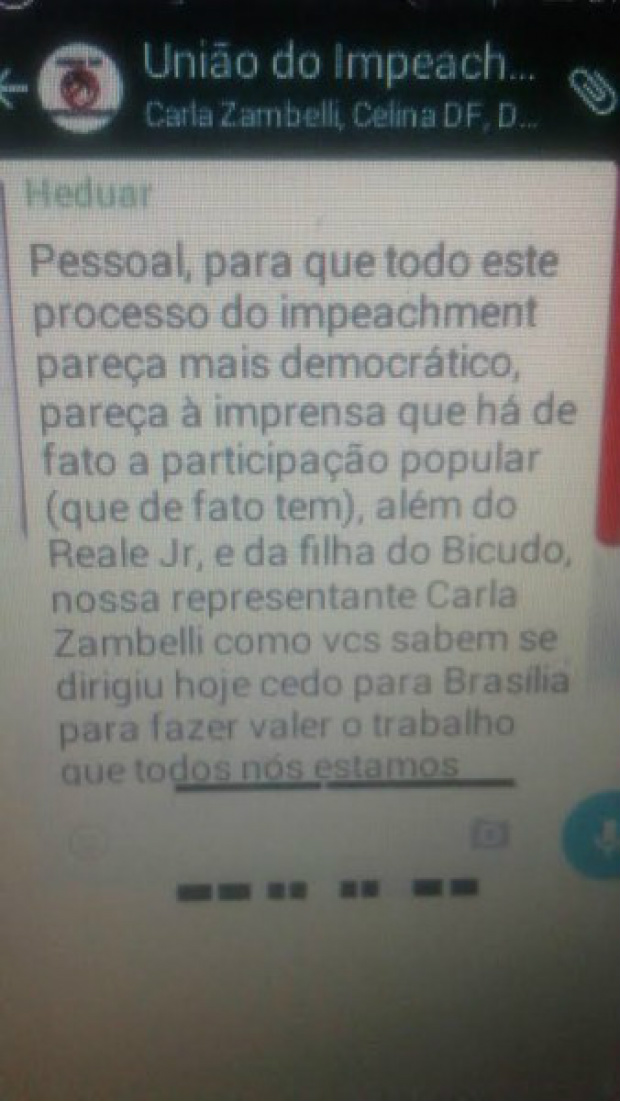 Ativista acusa Aécio e Caiado de financiar grupos pró-impeachment Mensagem de celular de Carla Zambelli, dos Nas Ruas