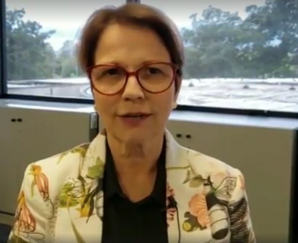 A deputada Tereza Cristina em vídeo distribuído na redes sociais para agradecer indicação a ministra.