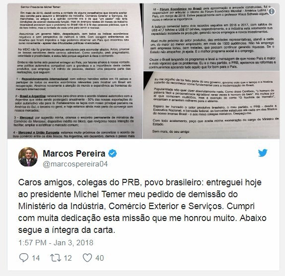 Ministro da Indústria e Comércio, Marcos Pereira pede demissão