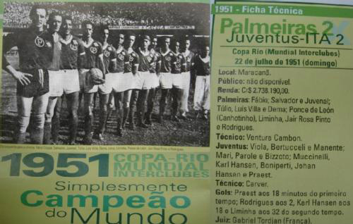FIFA confirma Copa Rio 1951, vencida pelo Palmeiras, como primeiro Mundial