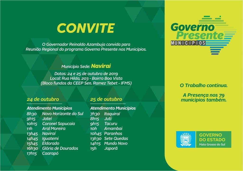Programa “Governo Presente” nessa quinta e sexta-feira, em Naviraí