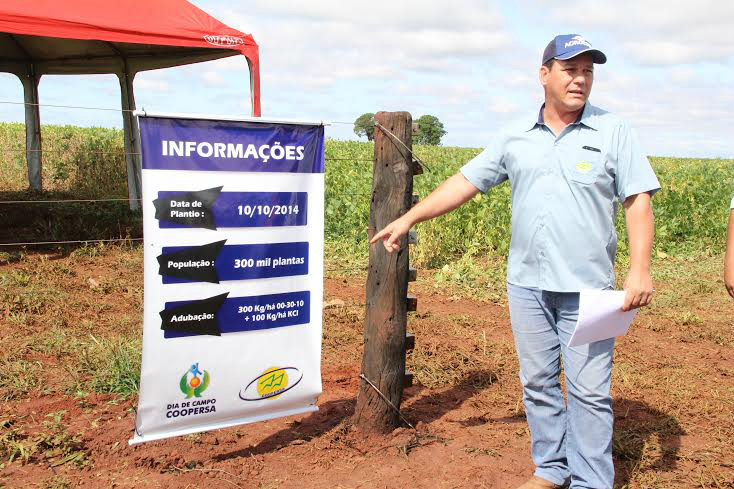 Engenheiro Agrônomo da Coopersa, Luiz Felipe Corsini, durante apresentação realizada no campo experimental de soja.