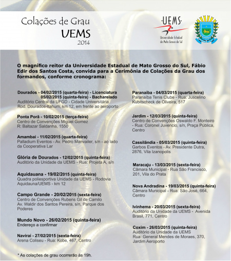 UEMS divulga calendário de formaturas