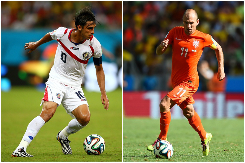 Por vaga na semifinal, Holanda e Costa Rica duelam em Salvador Bryan Ruiz (E) e Robben entram em campo na Fonte Nova em busca de uma vaga na semifinal da Copa do Mundo da FIFA Brasil 2014