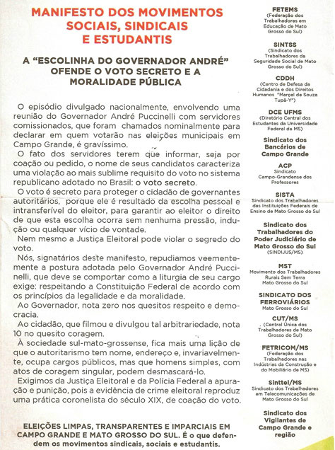Em Campo Grande, 14 entidades protestam contra o autoritarismo de Puccinelli