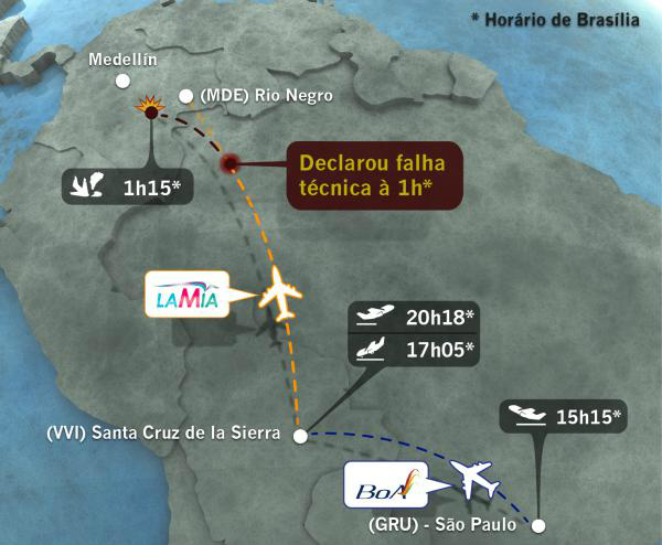 Mapa acidente aéreo da Chapecoense Foto: Divulgação