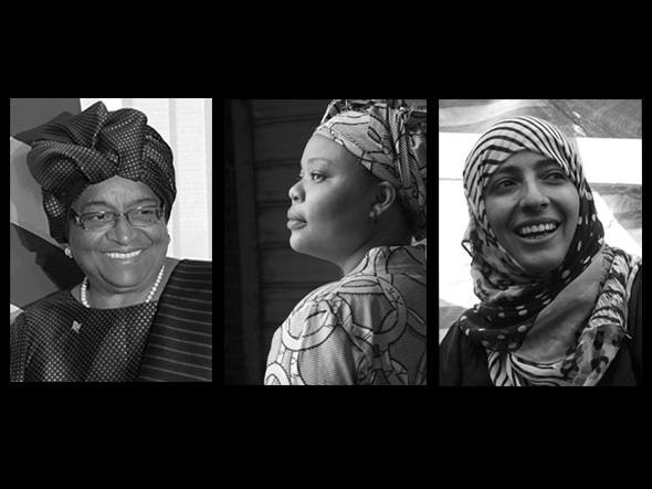 Ellen Johnson Sirleaf e Leymah Gbowee – ambas da Libéria – e Tawakkul Karman, do Iêmen.