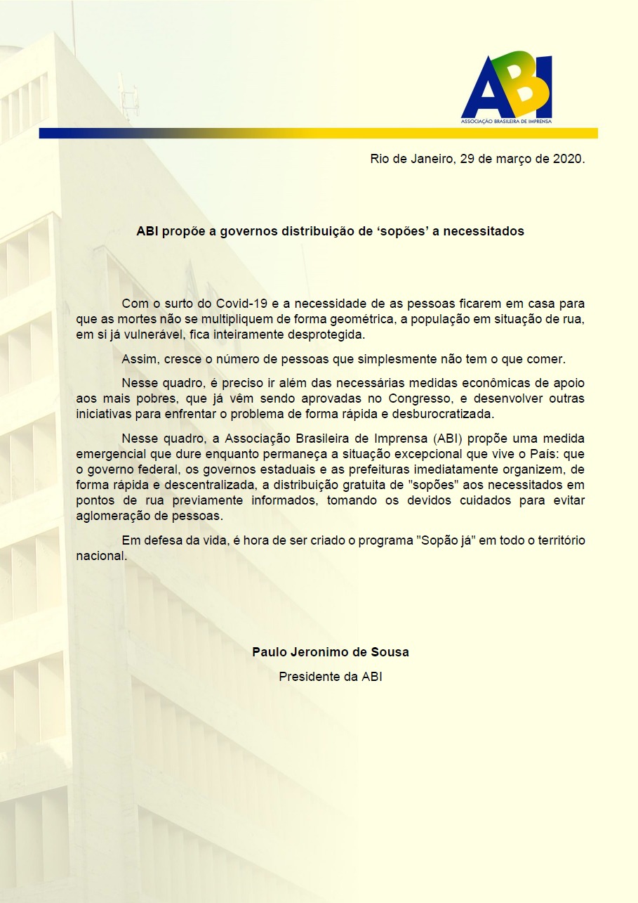 ABI propõe distribuição de ‘sopão’ a necessitados