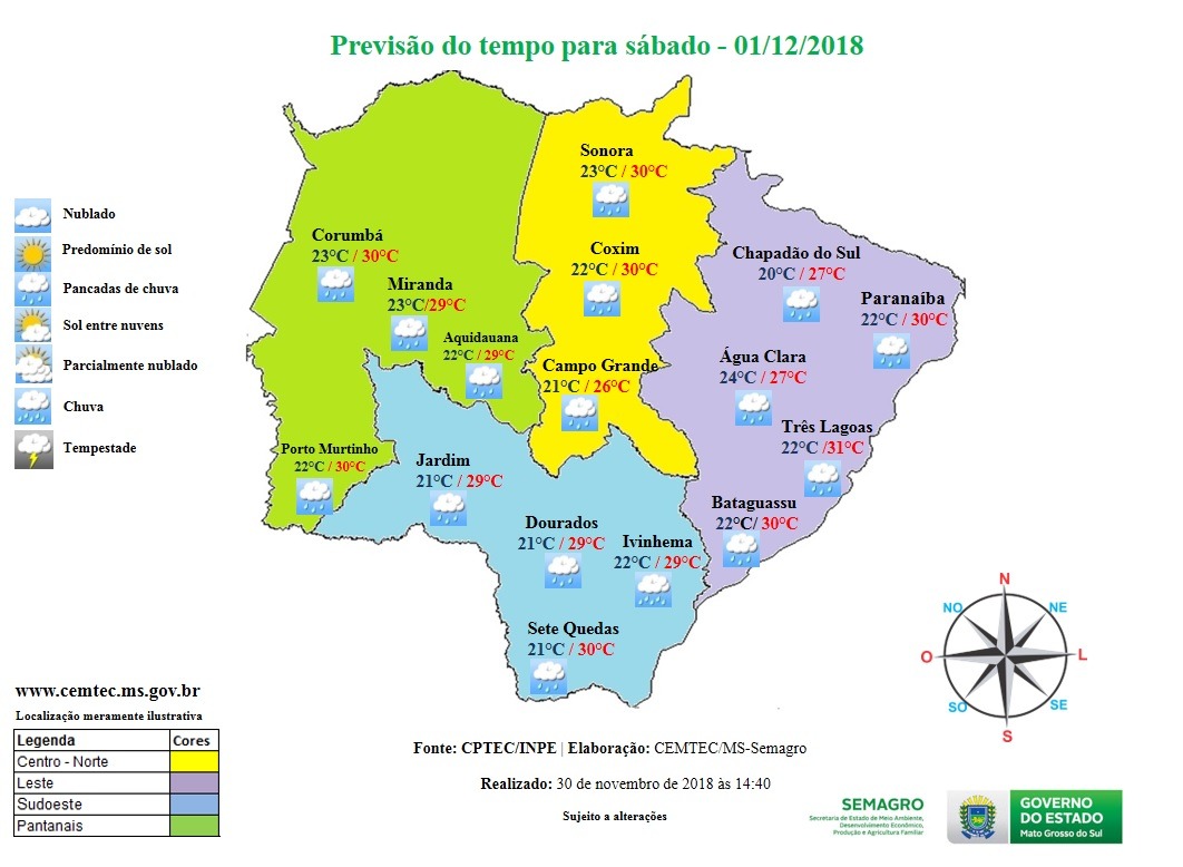 Alerta para perigo de chuva intensa em parte de MS neste sábado (1º)