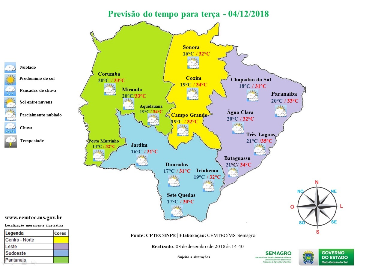 Terça-feira nublada com possibilidade de chuva em algumas regiões de MS