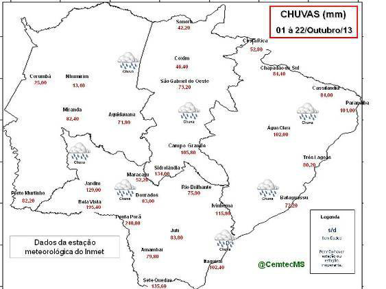 Veja os dados de registros de chuvas em 28 municípios do Estado no mapa: