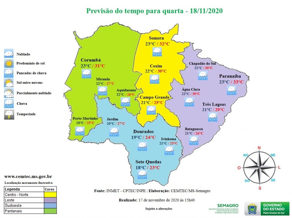 Meteorologia prevê mais chuva para Mato Grosso do Sul nesta quarta-feira Meteorologia prevê mais chuva para Mato Grosso do Sul nesta quarta-feira