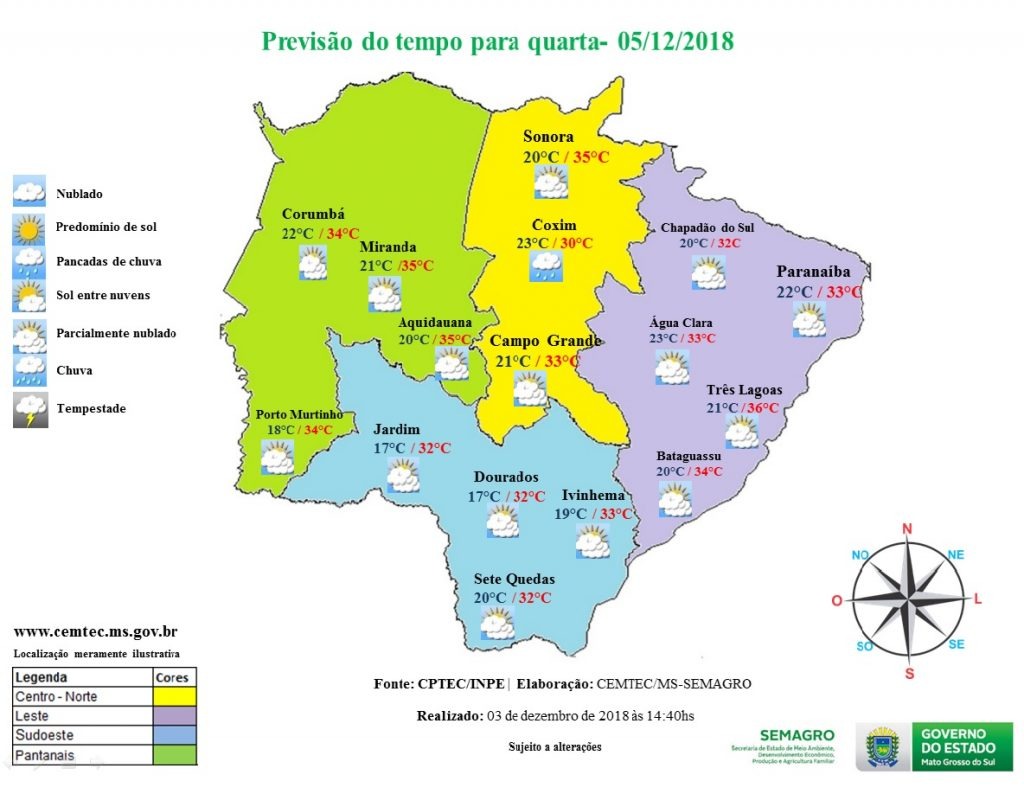 Regiões Norte e Noroeste de MS devem ter pancadas de chuva nesta quarta-feira